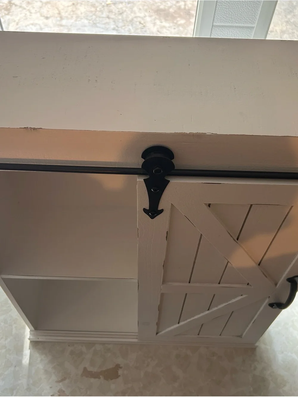Kate and Laurel White Barn Door Bathroom Shelf with Black Hardware